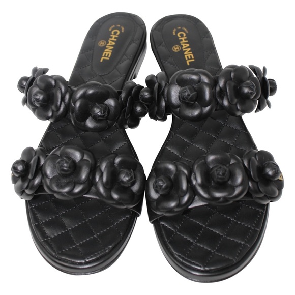 Chanel Camellia Mules Sandals Black Size 37 - Picture 1 of 7